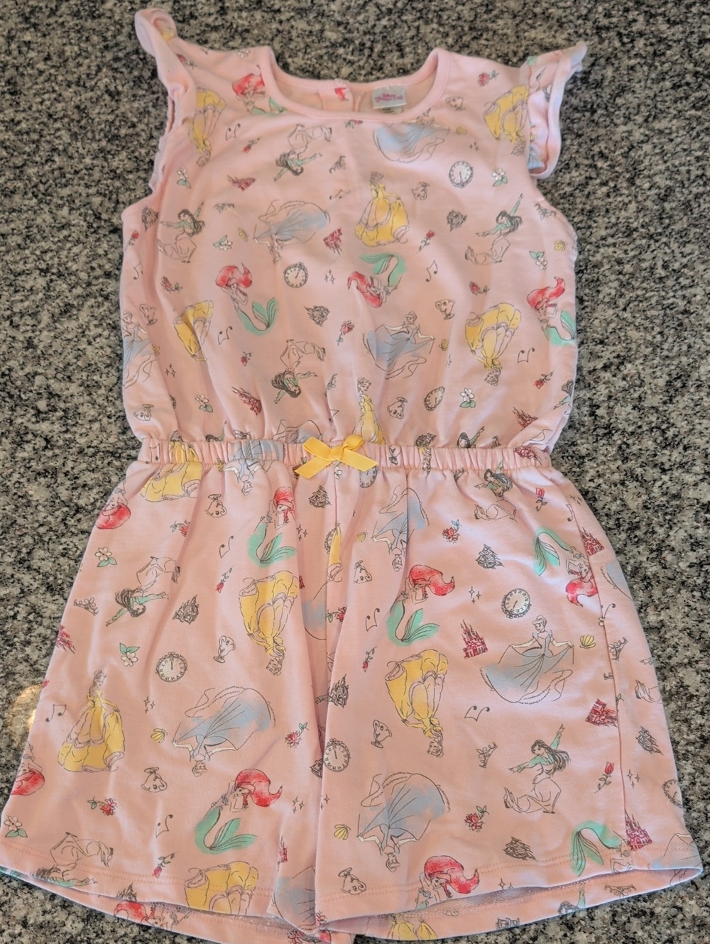 Disney Pink Princess Print Romper with Yellow Bow